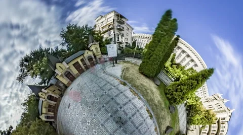 Little Tiny Planet 360 Degree Kiev Sights House With Chimaeras People at Stock Footage 68076863