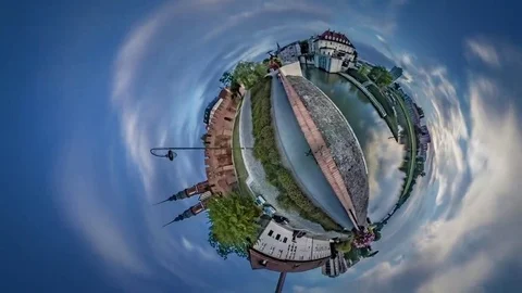 Little Tiny Planet 360 Degree Cathedral on Bank of River Obsolete Gothic Towers Stock Footage 69287668