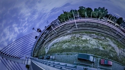 Little Tiny Planet 360 Degree Evening Lights Hanging Bridge by Railway Station 動画素材 71507855