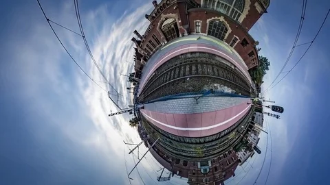Little Tiny Planet 360 Degree Railway Station Morning View Old Buildings Cables 動画素材 72001974