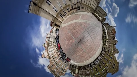 Little Tiny Planet 360 Degree Cobblestone Square Old Styled Buildings People Stock Footage 72002359