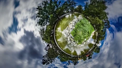 Little Tiny Planet 360 Degree Lake in Park Nature Earth is Surrounded With Video stock 72003067
