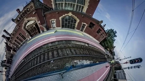 Little Tiny Planet 360 Degree Railway Station Old Red Brick Building Train 動画素材 72004263