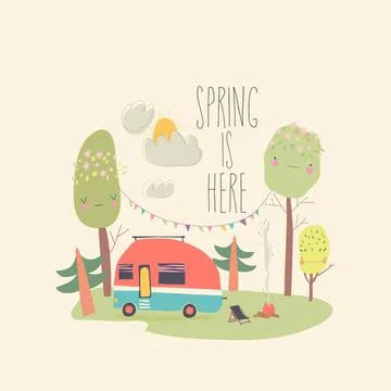 Little trailer standing in spring forest. Hello spring Stock Illustration