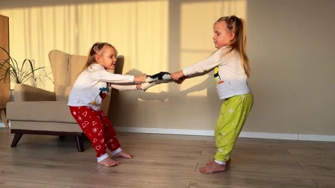 Little twin sisters pulling a stuffed toy dog in their room 库存影片 264605165