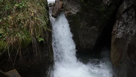 Little waterfall with a tree stuck inside in austria Stock Footage 218347061