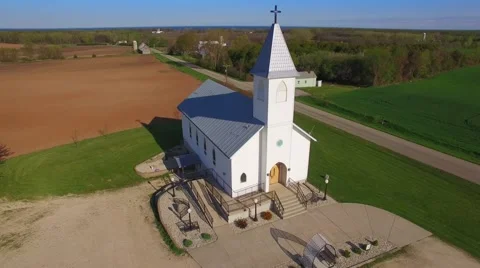 Little white church in the country, aerial view Stock Footage