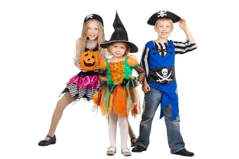 Little Witch and Two Charming Pirates going to Halloween Stock Photos