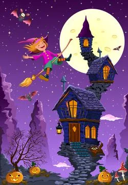 Little witch joyfully having fun on Halloween Stock Illustration
