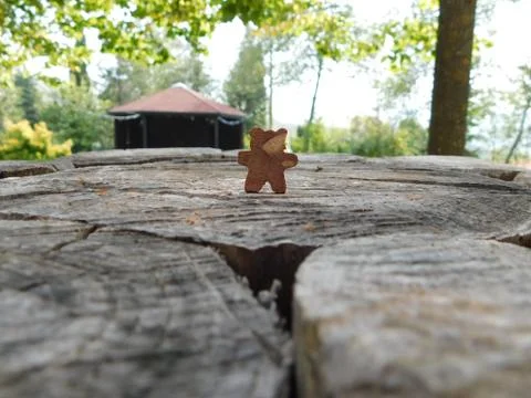 Little wooden bear in the forest Stock Photos