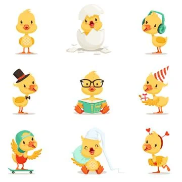 Little Yellow Duckling Different Emotions And Situations Set Of Cute Emoji Stock Illustration