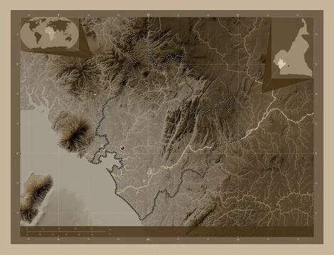 Littoral, Cameroon. Elevation map colored in sepia tones with lakes and river Illustrazione stock