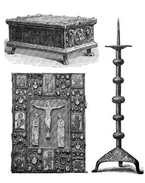 Liturgical devices of the Middle Ages on the right an altar candlestick on the Stock Illustration