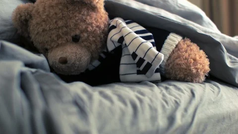 Live Animated Teddy Bear In Bed Trying To Hide Under The Covers 库存影片 117242668