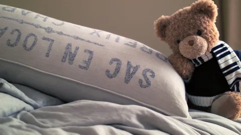 Live Animated Teddy Bear On A Bed Wiggling By A Pillow Tilting Head  库存影片 117242980