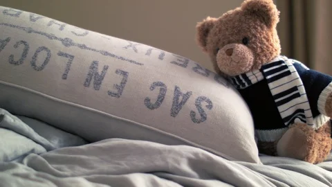 Live Animated Teddy Bear On A Bed Laying Head On A Pillow Stock Footage 117243294