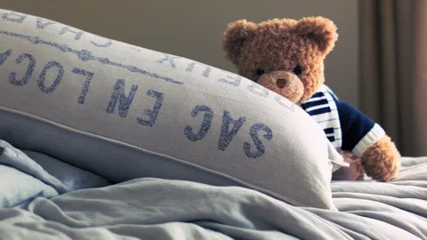 Live Animated Teddy Bear On A Bed Rising Behind A Pillow Stock Footage 117244302