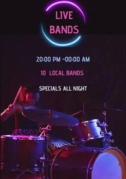 Live bands, 20 pm to 00 am, 10 local bands, special all nights over asian woman Illustrazione stock