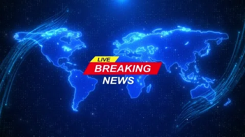 Live breaking news world map background glowing blue continents, data grid, bold Stock Footage 334120584