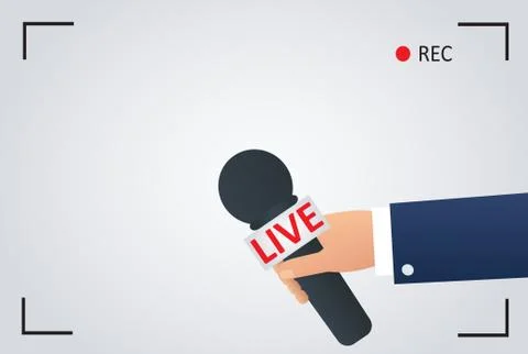 Live with camera frame record vector and hand holding microphone Stock Illustration