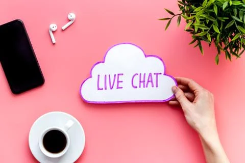 Live chat conversation message concept. Office desktop top view Stock Photos