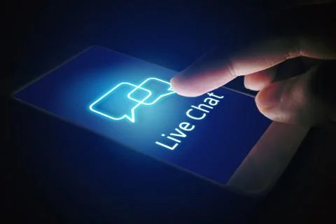 Live chat technology concept, woman hand pressing virtual screen on smartphon Stock Photos