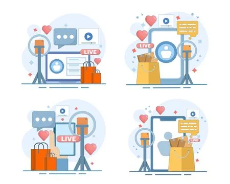 Live commerce set, presenter showcasing products, audience engagement. Stock Illustration