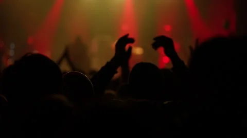 Live Concert Crowd Cheering, Hands Up in Red Stage Light Stock Footage 346188593