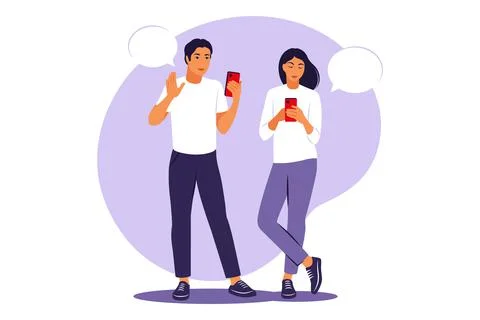 Live conversation between two friends. Guy and girl standing with phones and  Stock Illustration