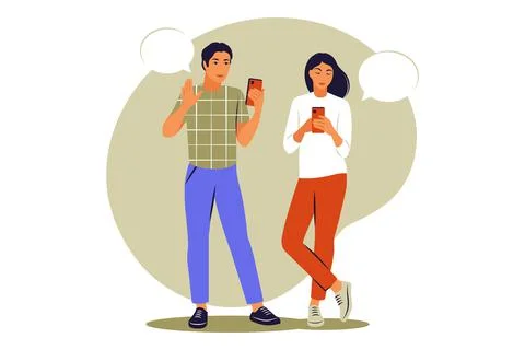 Live conversation between two friends. Guy and girl standing with phones and  Illustrazione stock