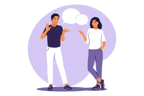 Live conversation concept. Guy and girl standing with speech bubbles. Vector  Illustrazione stock