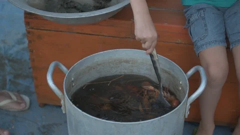 Live crayfish caught in river are cooked in arge aluminum pan in open air. Wo Stock Footage 93293203