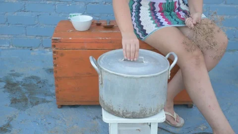 Live crayfish caught in river are cooked in arge aluminum pan in open air. Wo Stock Footage 93293404