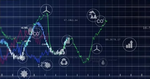 Live data arriving, chart plotting 3 traces, highlighting icons, updating Stock Footage 330355835