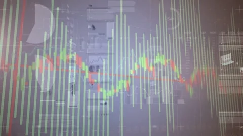 On live data arriving finance dashboard updating green bars red trend line Stock Footage 332613744