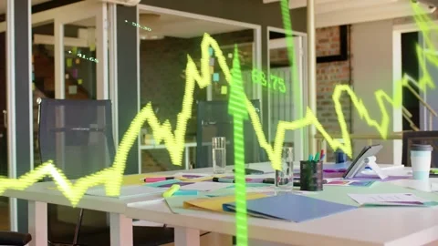 Live data driving neon green graph sweeping across business meeting table, Stock Footage 332577846