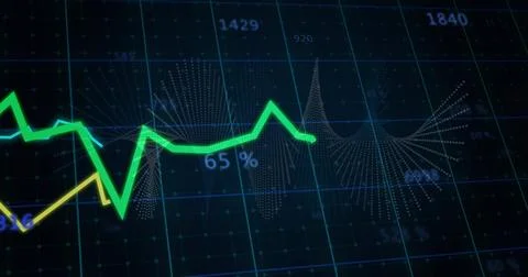 Live data driving neon green line graph moving across market display grid, Stock Illustration