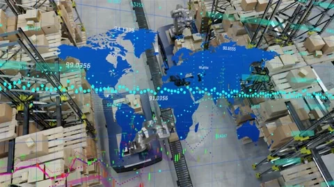 Live data driving worldmap overlay AGVs moving line bots loading boxes graphs Stock Footage 333169614