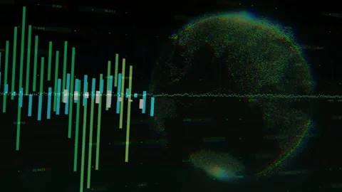 Live data feed driving vertical bars rising, waveform shaping dotted globe for Stock Footage 332821666