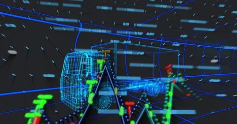 Live data feed initiating 3D truck updating while graphs nodes streaks animating Stock Photos
