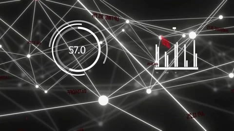 Live data feed initiating camera panning, network nodes pulsing, gauges updating Stock Footage 334351524