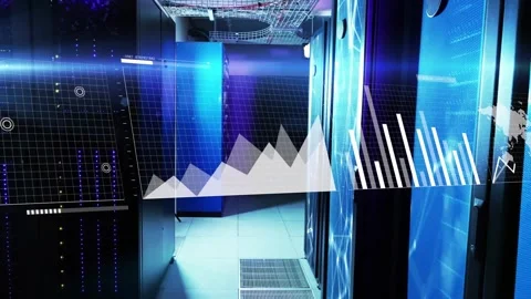 Live data feed streaming into data center aisle, animating line charts, bars, 動画素材 331235441
