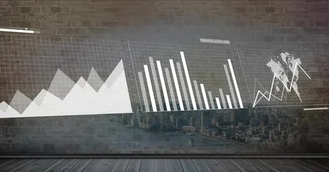 Live data feed updating area, bar, map-line charts projecting on brick wall for Foto stock