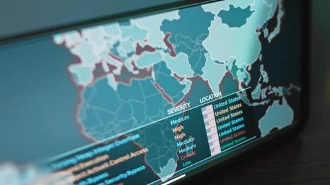Live data informing about the severity of cyber attacks and location, timelapse Stock Footage 279662061