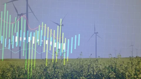 Live data starting left, bars rising and densifying over turbines and crop, Stock Footage 332614174
