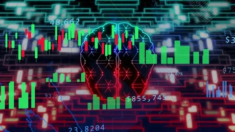 Live data starting, neon brain pulsing, candles moving, bars growing, labels Stock Footage 334884253