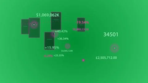 On live data tick dashboard updating transparent bg, magenta servers pulsing for Stock Footage 329532305