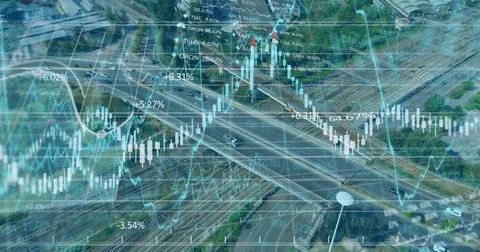 On live data update, finance overlay animating over aerial highway and rail, Stock Photos