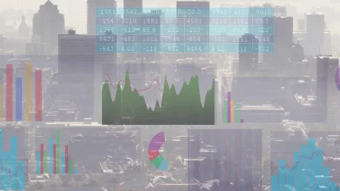 Live data updating, data panels moving over hazy skyline, showing finance charts Stock Footage 332956120