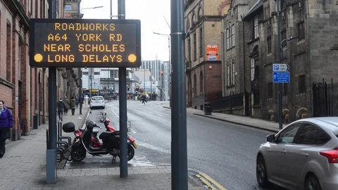 Live digital sign with traffic updates of roadworks uk Stock Footage 87829582